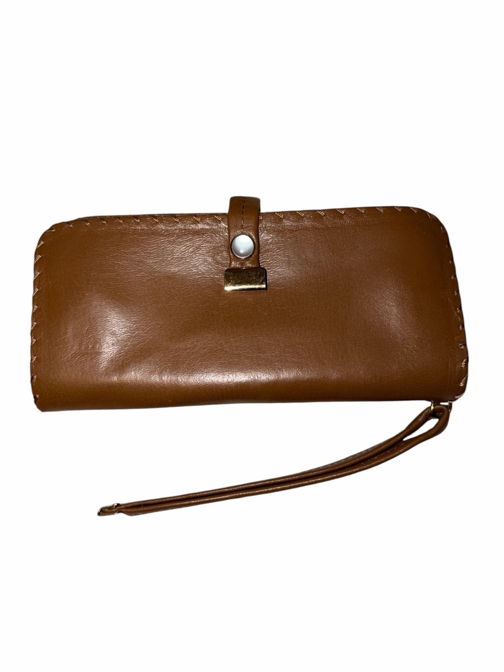 Vintage Genuine Deerskin Brown Leather Kiss Lock Wallet Wristlet Clutch Gold
